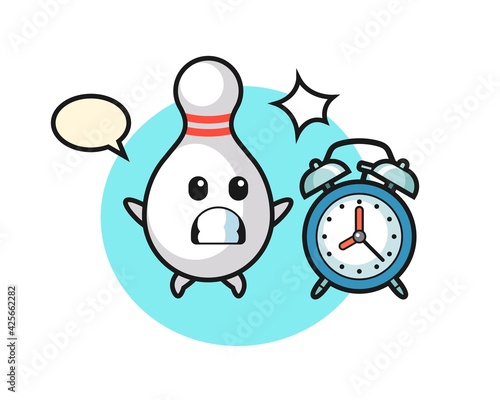 Cartoon Illustration of bowling pin is surprised with a giant alarm clock