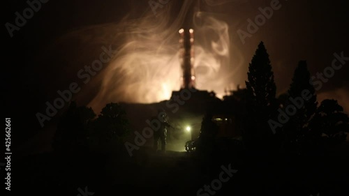 Creative artwork decoration. Chernobyl nuclear power plant at night. Layout of abandoned Chernobyl station after nuclear reactor explosion. Selective focus