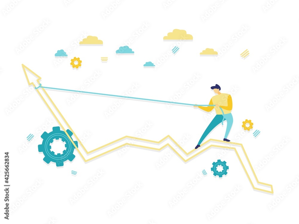 Flat illustration of a businessman pulling arrow with rope and making it raise up. Beautiful blue and yellow illustration. Business and finance concepts.