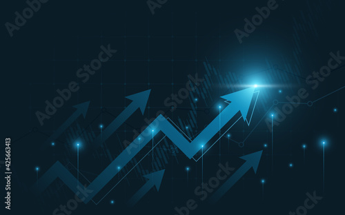 Abstract financial graph with uptrend line and arrows in stock market on blue color background