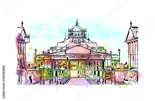 Building view with landmark of Eastbourne is a resort town on England. Watercolour splash with hand drawn sketch illustration in vector.