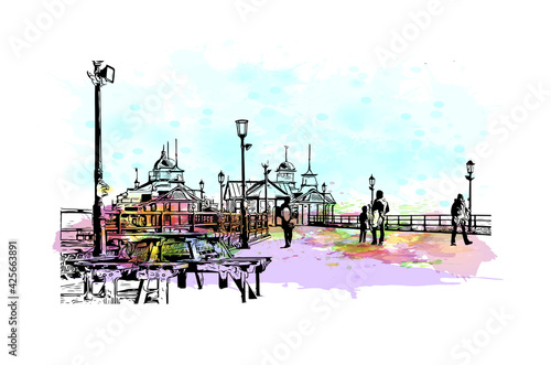 Building view with landmark of Eastbourne is a resort town on England. Watercolour splash with hand drawn sketch illustration in vector.