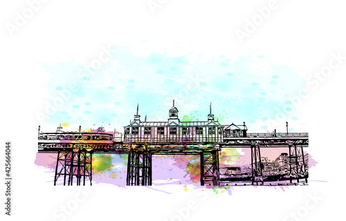 Building view with landmark of Eastbourne is a resort town on England. Watercolour splash with hand drawn sketch illustration in vector.