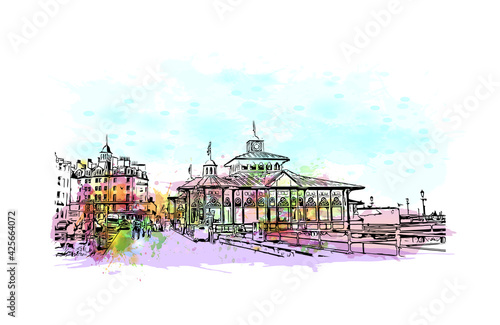 Building view with landmark of Eastbourne is a resort town on England. Watercolour splash with hand drawn sketch illustration in vector.