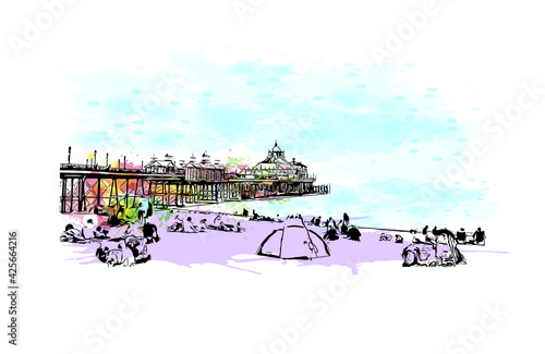 Building view with landmark of Eastbourne is a resort town on England. Watercolour splash with hand drawn sketch illustration in vector.