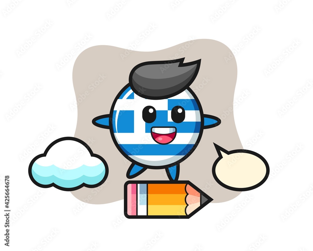 greece flag badge mascot illustration riding on a giant pencil greece flag badge mascot illustration riding on a giant pencil