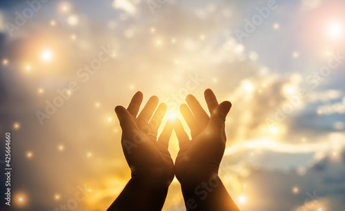 Human hands open palm up worship. Eucharist Therapy Bless God Helping Repent Catholic Easter Lent Mind Pray. Christian Religion concept background. fighting and victory for god photo