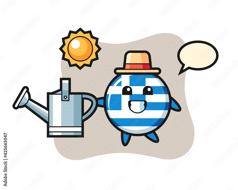 Cartoon character of greece flag badge holding watering can Cartoon character of greece flag badge holding watering can
