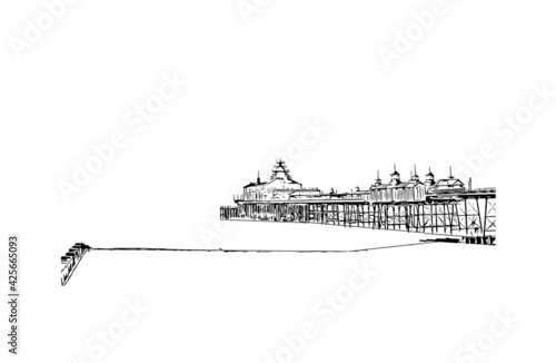 Building view with landmark of Eastbourne is a resort town on England. Hand drawn sketch illustration in vector.