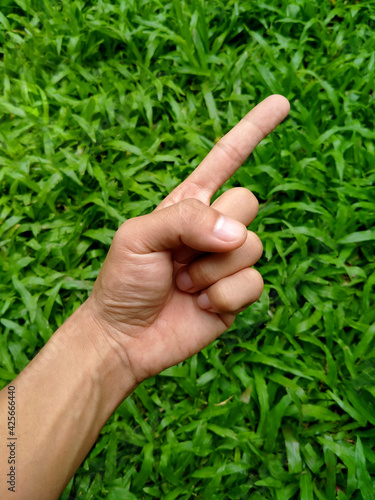 Forefinger of man hand, person gesturing signed language or pointing up on green grass background. © pas_td 4425