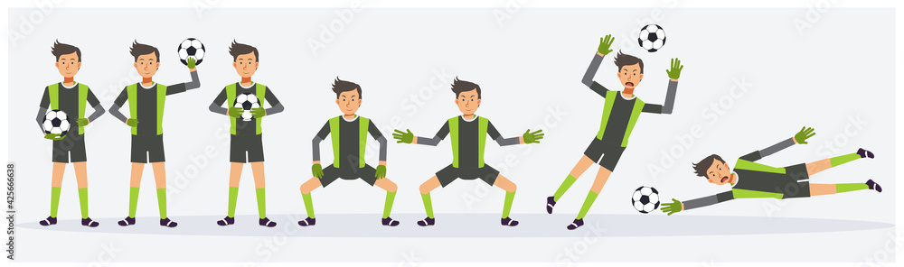 Collection set of Soccer,football goalkeeper playing is showing different actions. flat vector cartoon character illustration Collection set of Soccer,football goalkeeper playing is showing different actions. flat vector cartoon character illustration