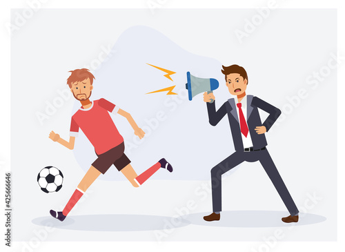 Football soccer manager with megaphone is yelling to unhappy football soccer player. Bad management concept. flat vector cartoon character illustration
