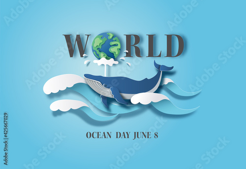 World oceans day concept, the blue whale splashing water. Help to protect animals and the environment, paper illustration, and 3d paper.