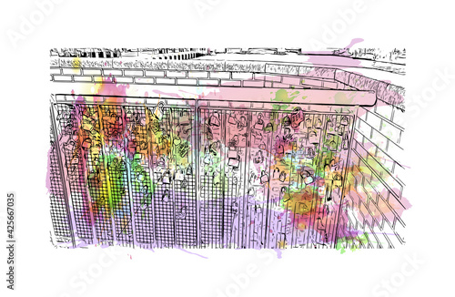 Building view with landmark of Elblag is a city in northern Poland. Watercolour splash with hand drawn sketch illustration in vector.