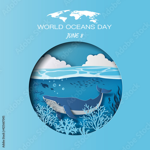 World oceans day concept, the blue whale swimming near a surface with a beautiful view of the blue sky and coral reefs. 3d paper, paper illustration.