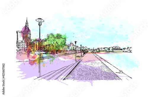Building view with landmark of Elblag is a city in northern Poland. Watercolour splash with hand drawn sketch illustration in vector.