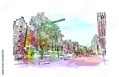 Building view with landmark of Elblag is a city in northern Poland. Watercolour splash with hand drawn sketch illustration in vector.