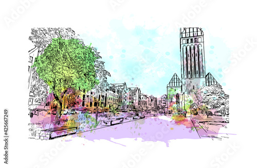 Building view with landmark of Elblag is a city in northern Poland. Watercolour splash with hand drawn sketch illustration in vector.