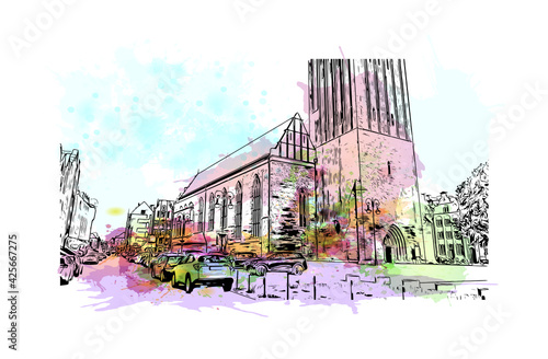 Building view with landmark of Elblag is a city in northern Poland. Watercolour splash with hand drawn sketch illustration in vector.