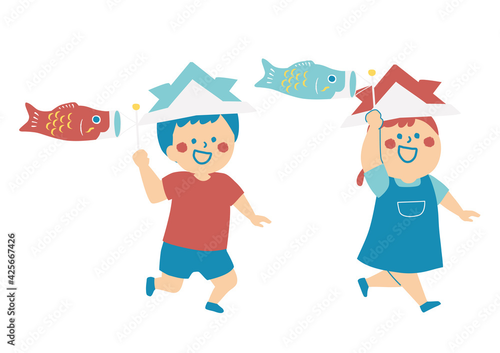 鯉のぼりの旗を持って走る子供たちのイラスト Stock Vector Adobe Stock