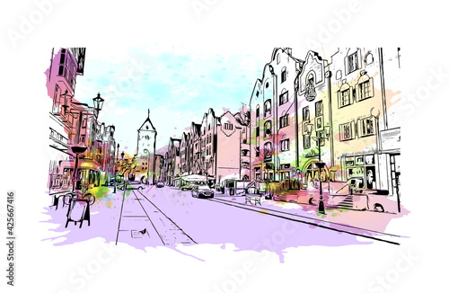Building view with landmark of Elblag is a city in northern Poland. Watercolour splash with hand drawn sketch illustration in vector.