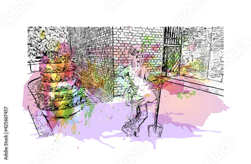 Building view with landmark of Elblag is a city in northern Poland. Watercolour splash with hand drawn sketch illustration in vector.