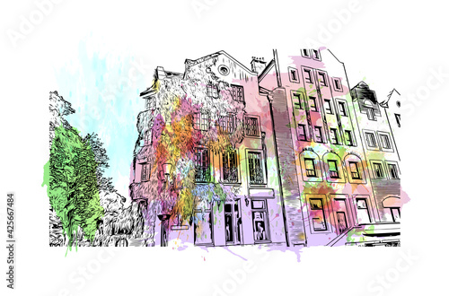 Building view with landmark of Elblag is a city in northern Poland. Watercolour splash with hand drawn sketch illustration in vector.