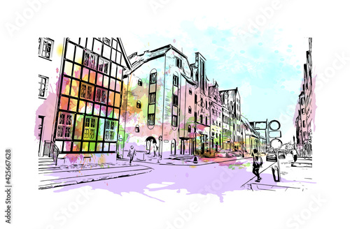 Building view with landmark of Elblag is a city in northern Poland. Watercolour splash with hand drawn sketch illustration in vector.