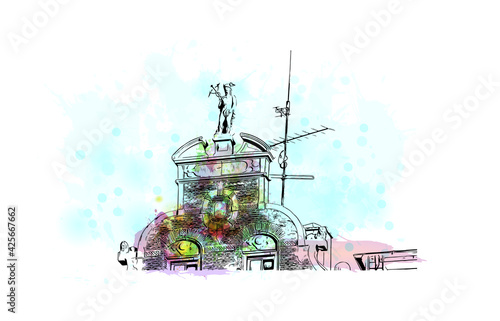 Building view with landmark of Elblag is a city in northern Poland. Watercolour splash with hand drawn sketch illustration in vector.