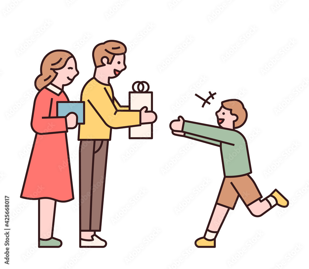 Parents holding presents and children running. Parents and happy children giving gifts to children on Children's Day. flat design style minimal vector illustration. Parents holding presents and children running. Parents and happy children giving gifts to children on Children's Day. flat design style minimal vector illustration.