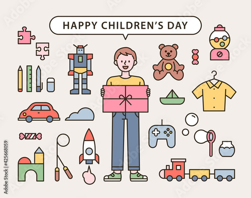 Boy holding a gift box and a toy icon set. flat design style minimal vector illustration.