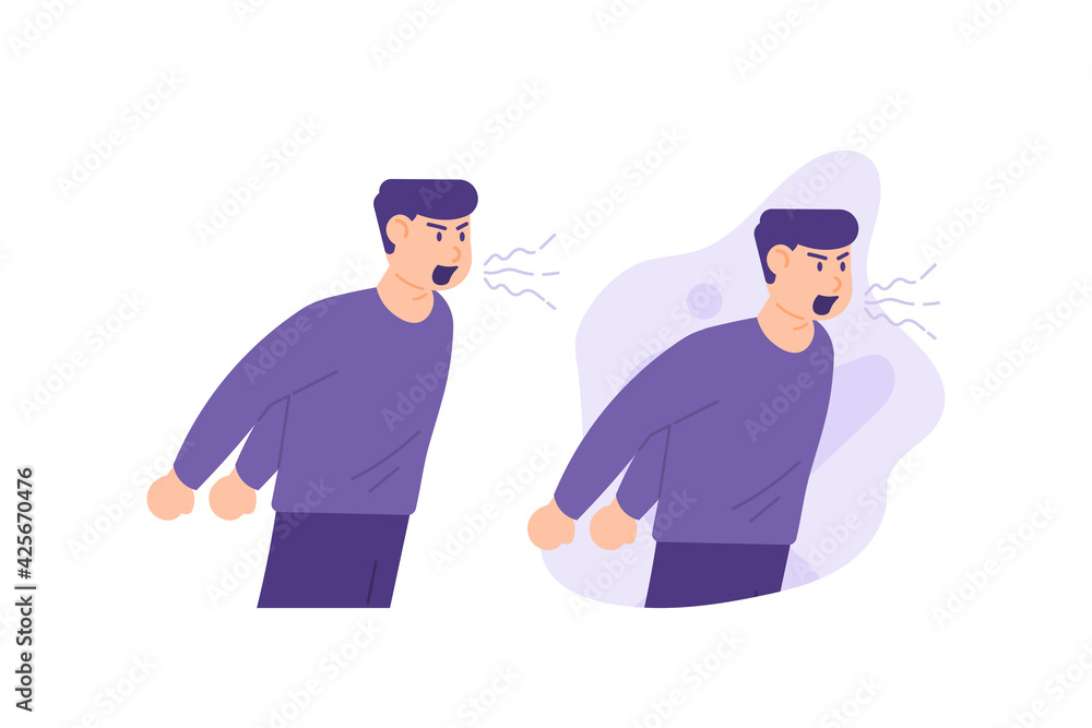 the expression of a screaming and angry boy. illustration of a person who is throwing all his anger out shouting. aggressive and annoyed face. flat style. vector design.
