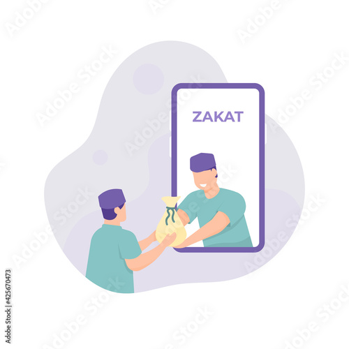 zakat online. alms online. illustration of a donor donating money or goods using a smartphone application. people who are doing transactions. flat style. vector design