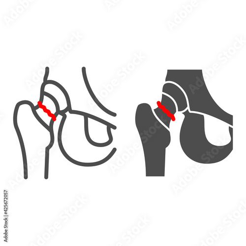 Fracture of femoral neck line and solid icon, Human diseases concept, human skeleton fragment sign on white background, Femoral neck fracture icon in outline style for mobile and web. Vector graphics.