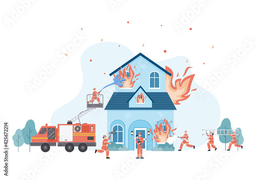 Firefighters With House Fire Engines, Helping People and Animal, Using Rescue Equipment in Various Situations. Vector Illustration