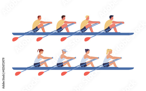 The women's and men's rowing teams sail in boats. Concept of competitions in academic rowing. Vector illustration in flat design. photo