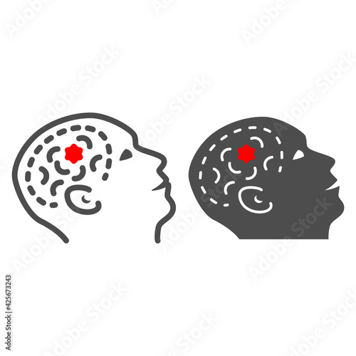 Tumor in brain line and solid icon, Human diseases concept, Headache and migraine sign on white background, Brain cancer icon in outline style for mobile concept and web design. Vector graphics.