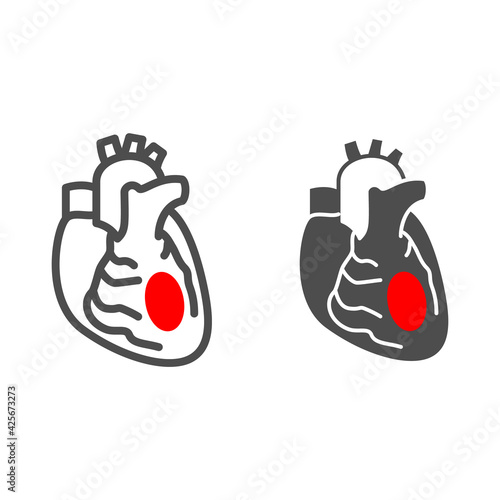 Myocardial infarction line and solid icon, Human diseases concept, Coronary heart disease sign on white background, Ischemic heart disease icon in outline style for mobile and web. Vector graphics.