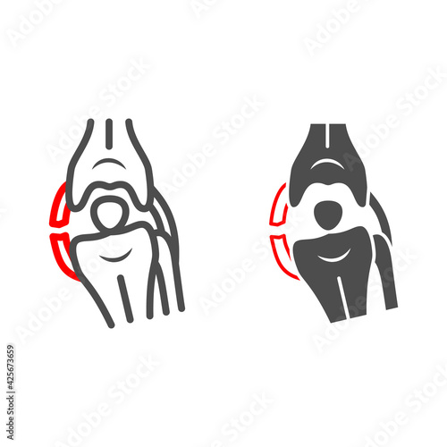 Lateral knee ligament rupture line and solid icon, Human diseases concept, knee problems sign on white background, Bone trauma icon in outline style for mobile concept and web design. Vector graphics.
