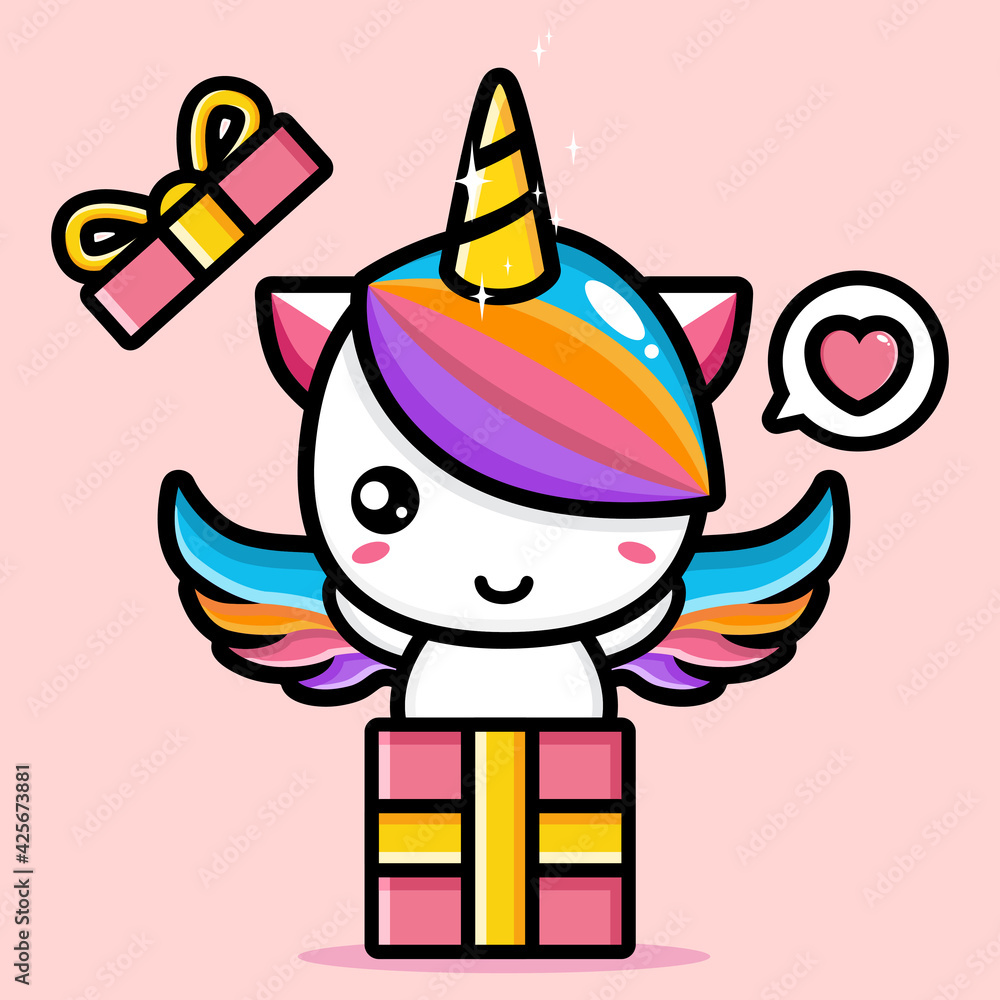 cute cartoon unicorn vector design coming out of gift box