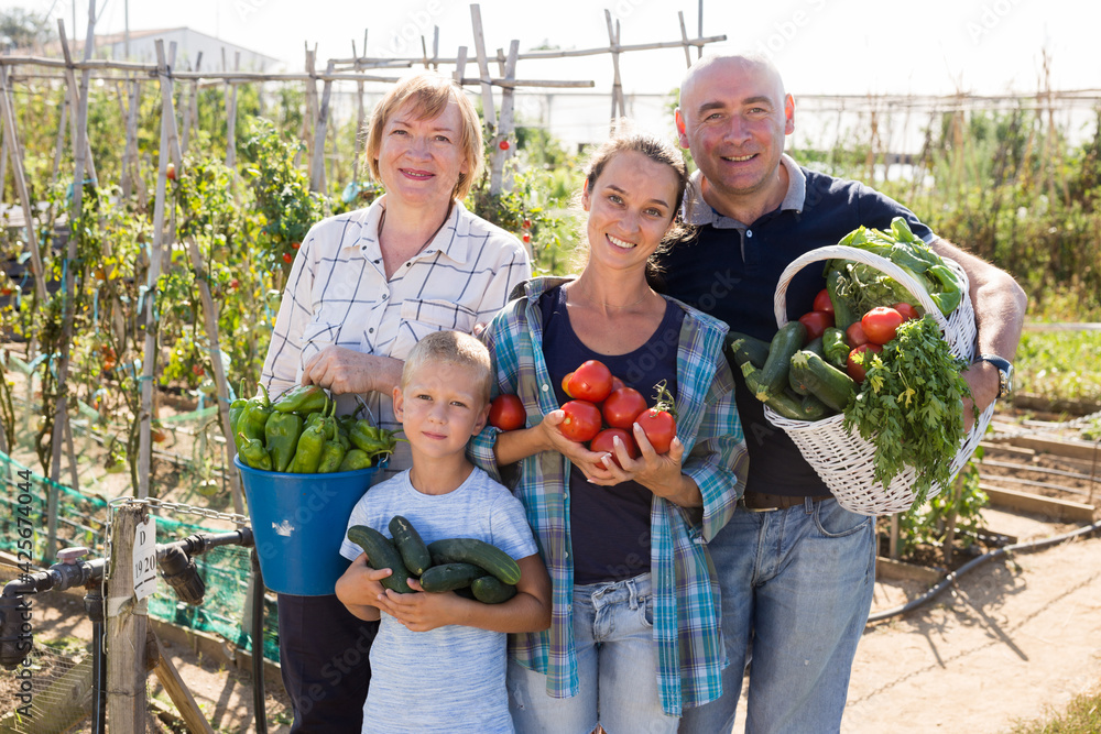 Obraz premium Portrait of positive family of gardeners standing in garden with gathered vegetables