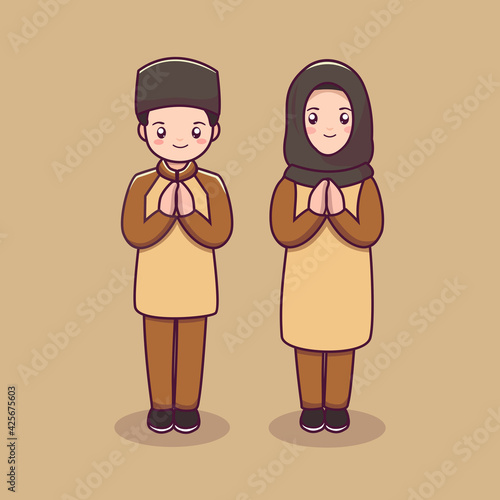 cute couple moeslim character islamic man and women character couple cartoon