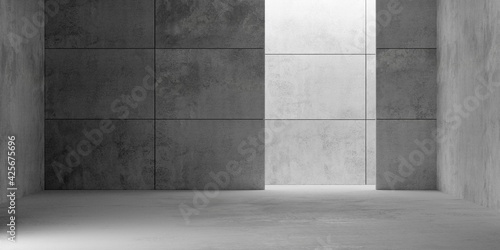 Abstract empty, modern concrete room with opening at the back, plated back wall and rough floor - industrial interior background template