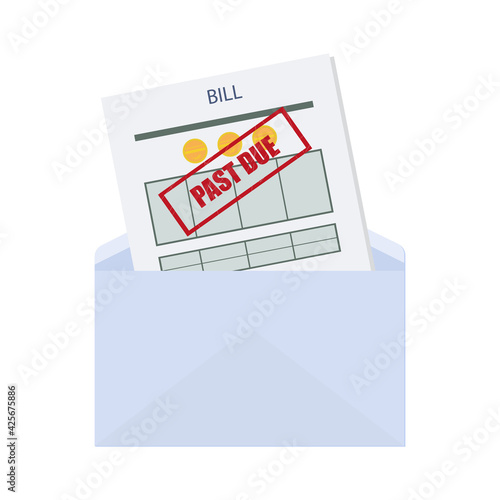 Past due, unpaid or overdue bill. An expense document with a delay payment in an envelope. Debt or past purchase notice.Financial data and red stamp. Vector