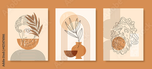 Set of Abstract Boho Illustration with Antique Statue, Geometric Shapes and Vases in a Minimal Trendy Style. Vector