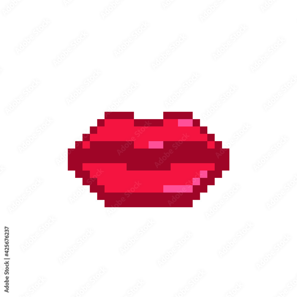 Pixel beautiful red glossy lips. Woman mouth. Knitted design. Pixel art. Isolated vector illustration. Old school computer graphic style. Pixel beautiful red glossy lips. Woman mouth. Knitted design. Pixel art. Isolated vector illustration. Old school computer graphic style.