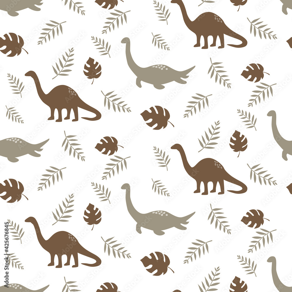 Bohemian dinosaurs seamless pattern with leaves, abstract shapes on beige colours Bohemian dinosaurs seamless pattern with leaves, abstract shapes on beige colours
