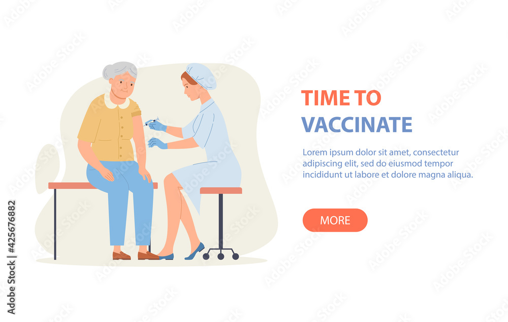Time to vaccinate banner - doctor vaccinates an elderly woman. Good immunity, vaccination for COVID-19, or influenza. Vector illustration in a flat style.