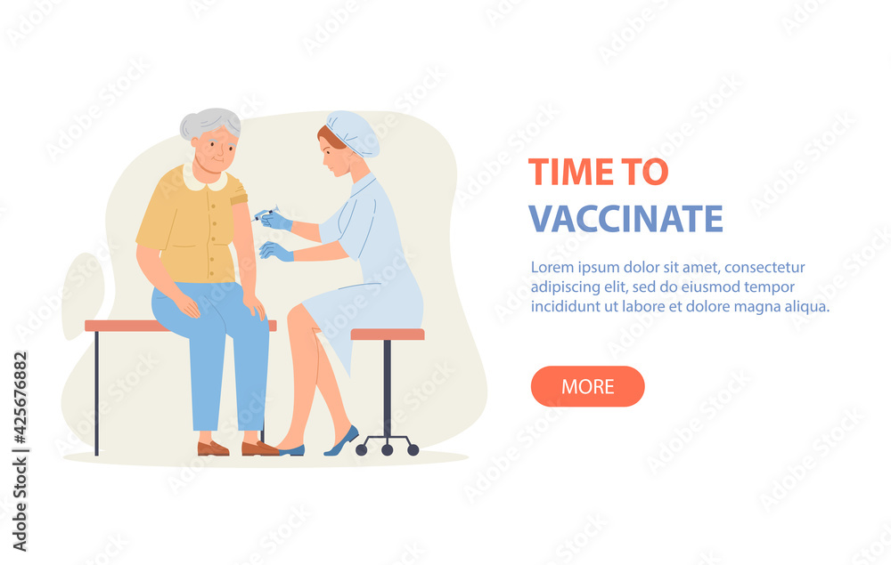 Time to vaccinate banner - doctor vaccinates an elderly woman. Good immunity, vaccination for COVID-19, or influenza. Vector illustration in a flat style. Time to vaccinate banner - doctor vaccinates an elderly woman. Good immunity, vaccination for COVID-19, or influenza. Vector illustration in a flat style.