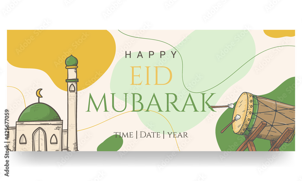 Eid mubarak, hand painted in pastel colors. doodle style. Horizontal poster, greeting card, header for website
